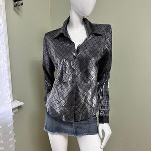 Y2K Fashion Bug Silver Metallic Grid Button-Up Blouse – Size Large  Shimmer with